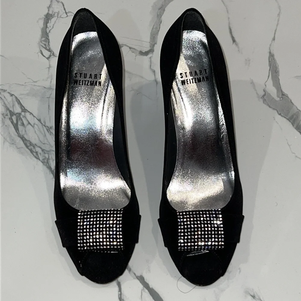 Stuart Weitzman Black Satin Jewel Embellished Peep toe pumps shoes size 6.5 M - Picture 4 of 15